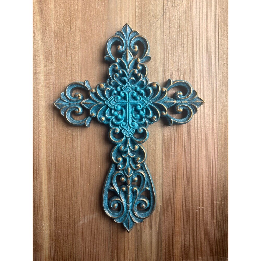 Ornate Teal and Gold Decorative Cross Wall Decor